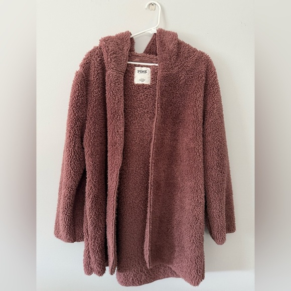 PINK Hooded Teddy Jacket Cardigan Sweater Fuzzy Sherpa Mauve Purple Size M L - Picture 2 of 8